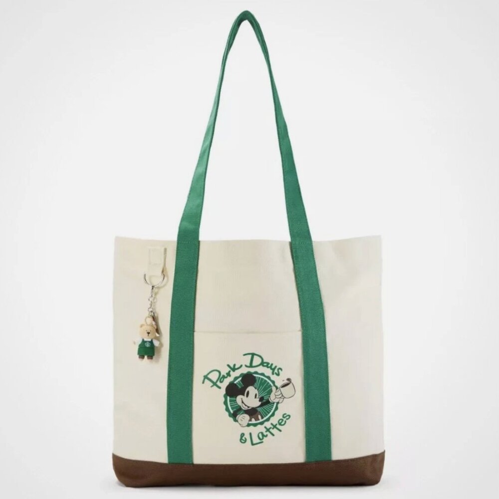 Disney Parks 2026 Starbucks Park Days and Lattes Tote Bag With Bear Keychain